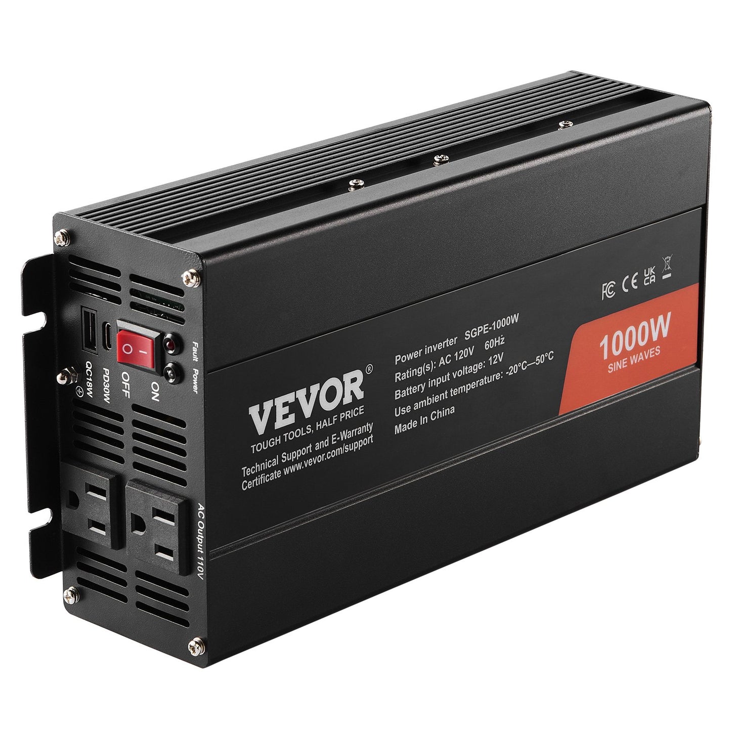 1000W Pure Sine Wave Power Inverter DC 12V to AC 120V with 2 Outlets & USB Type-C