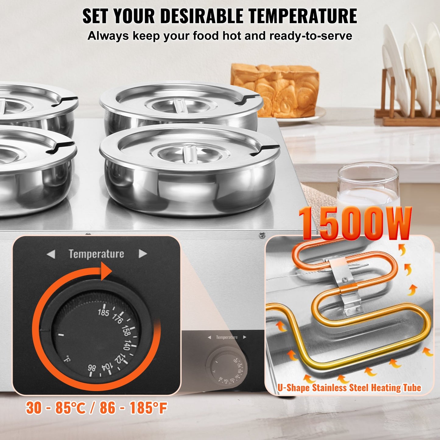Electric Soup Warmer 4 Qt Stainless Steel Buffet Food Warmer Adjustable Temp 1500W