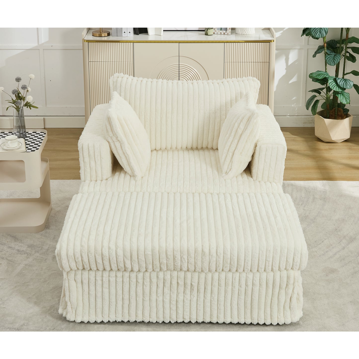 Oversized Corduroy Chaise Longue with Ottoman - Beige