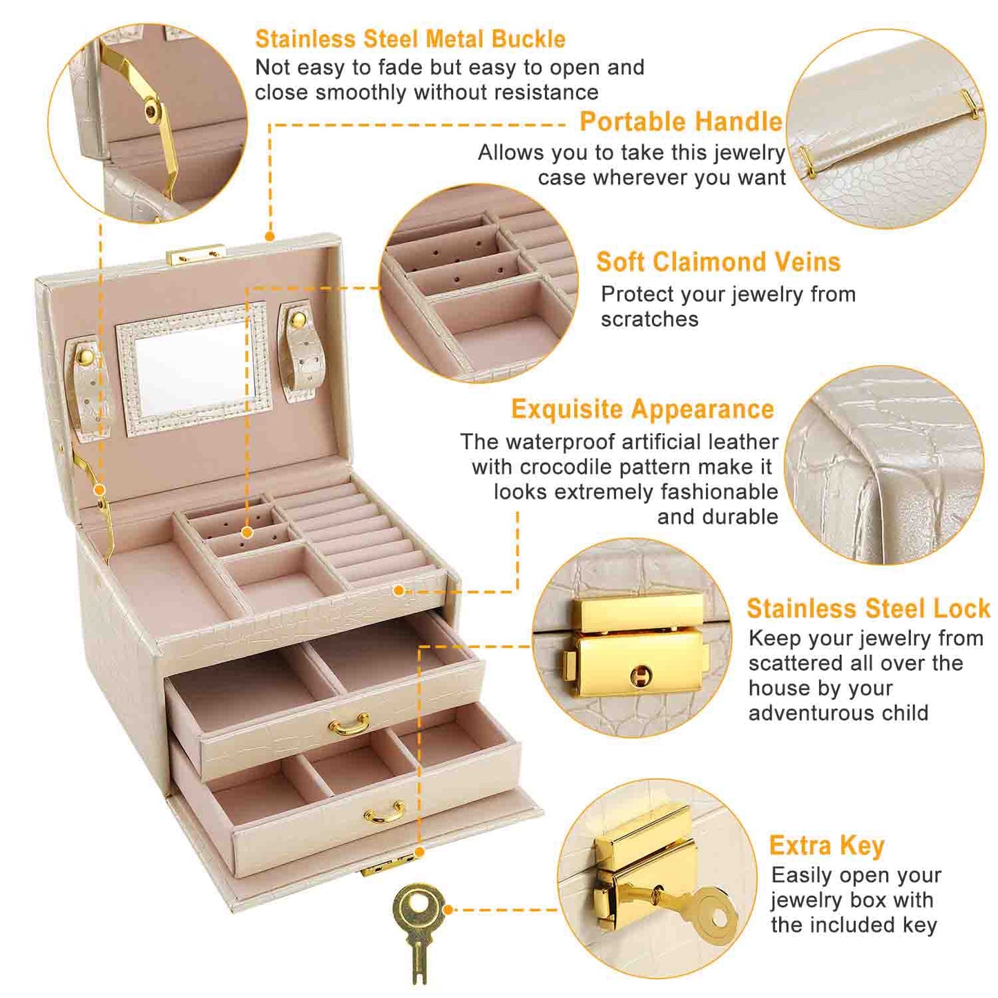 1Pc Jewelry Case Organizer 3-layer Lockable Travel Box PU Leather