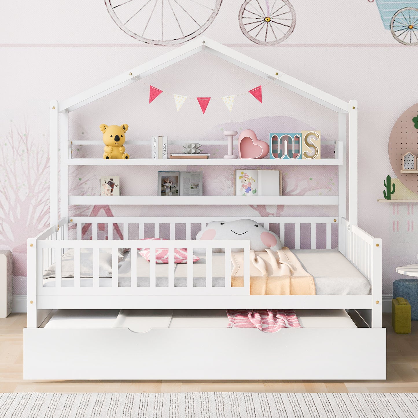 Wooden Full Size House Bed With Twin Trundle,Kids Shelf, White Old