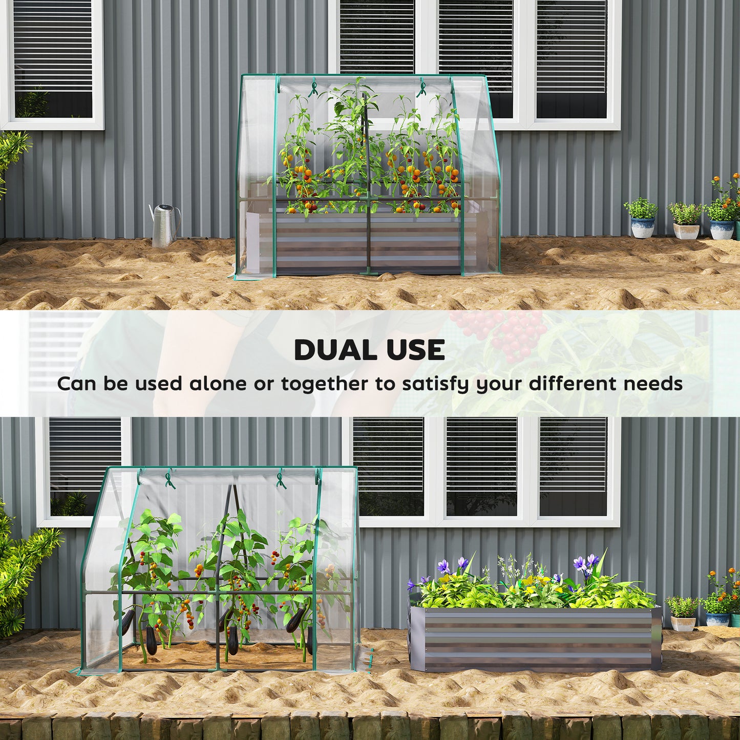 Raised Garden Bed with Mini Greenhouse Cover - Galvanized Steel, 4ft, Clear & Dark Gray
