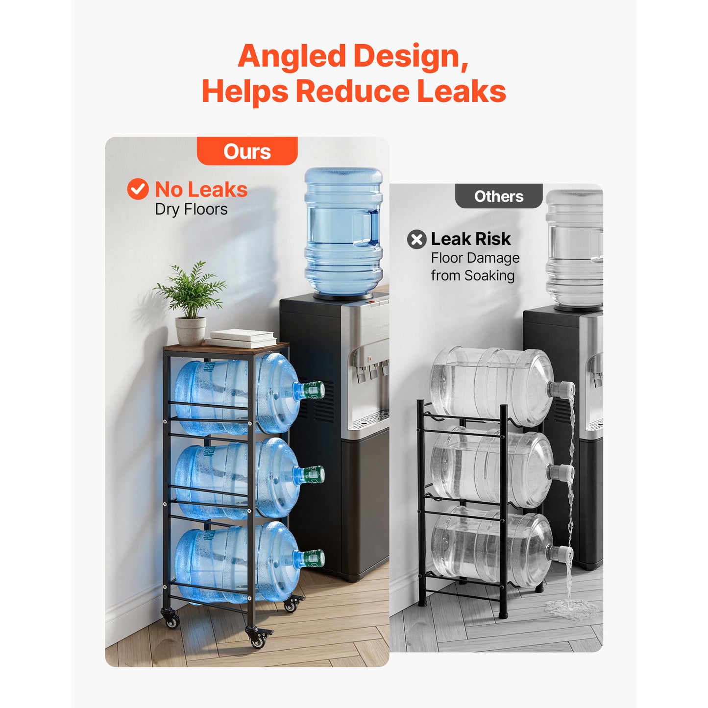 Heavy Duty Water Jug Holder Rack with 4 Tiers for 3 and 5 Gallon Bottles, Casters, Kitchen & Office Storage