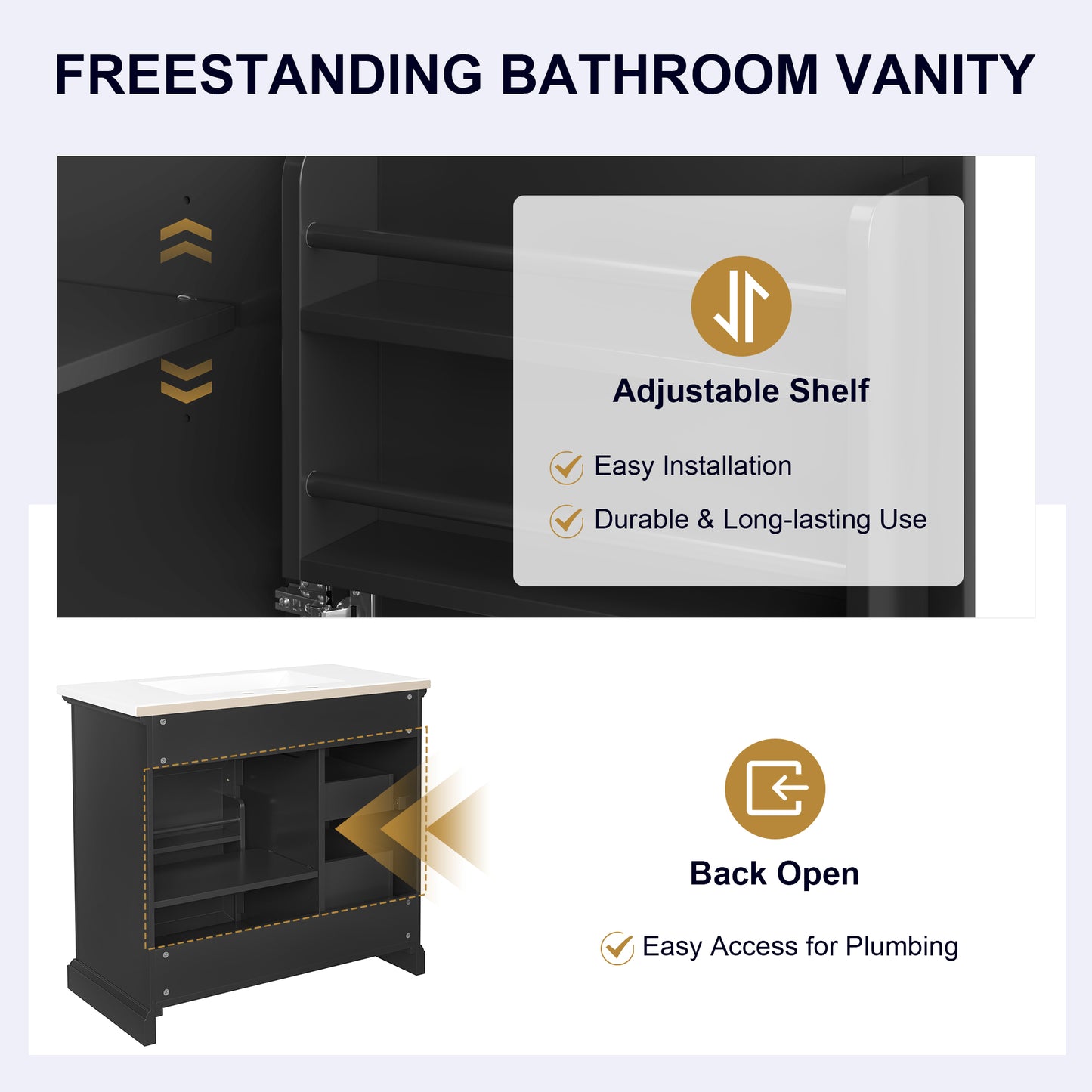 36-Inch Bathroom Vanity with Ceramic Sink, 4 Drawers, Black
