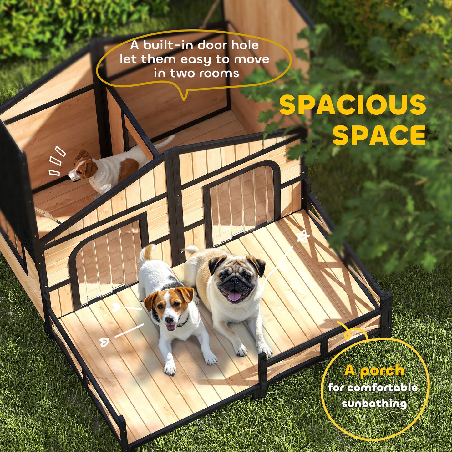 Outdoor Wooden Dog House with Porch & Removable Roof - Natural Finish