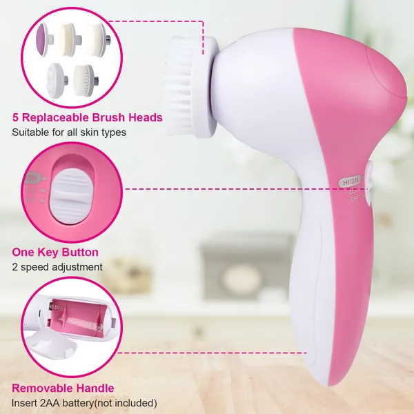 Electric Facial Cleansing Brush with 5 Brush Heads - Pink