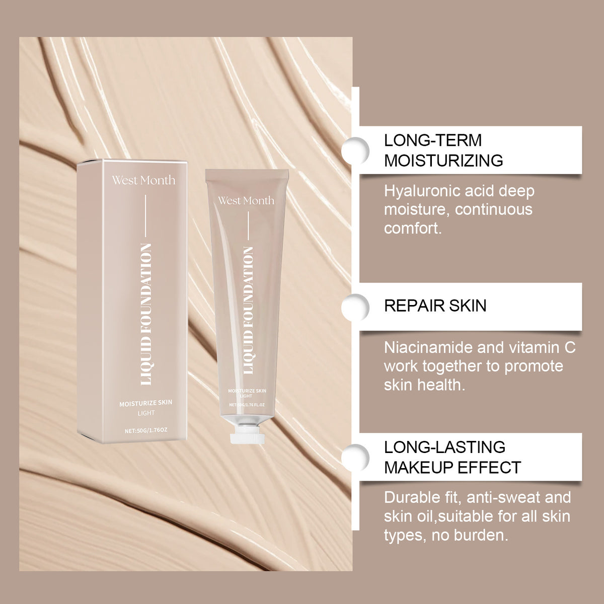Long Lasting Moisturizing Liquid Foundation for Face Makeup 50g