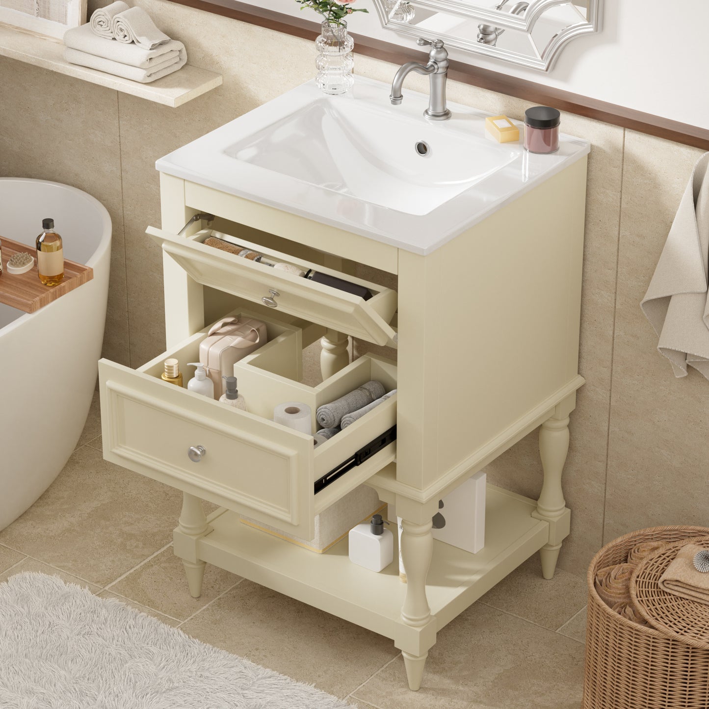 20'' Beige Bathroom Vanity with Ceramic Sink & 2 Drawers