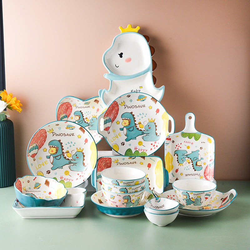 Cartoon Ceramic Dish Set with Dinosaur Pattern - Kitchen Tableware Collection