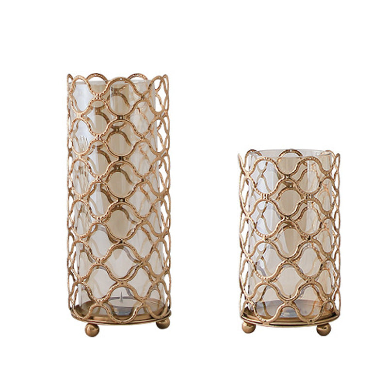 Hollow Out Glass Vase with Golden Flower Arrangement Metal Stand - Home Decor