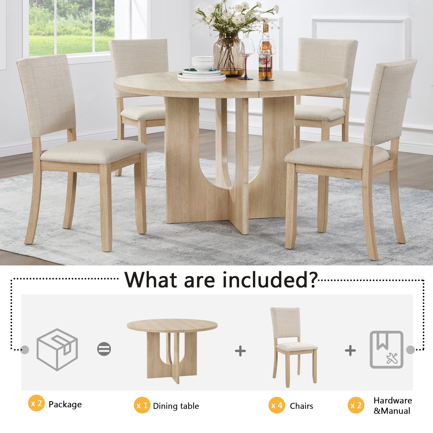 47.3" Round Dining Set with 4 Upholstered Chairs - Light Oak & Beige