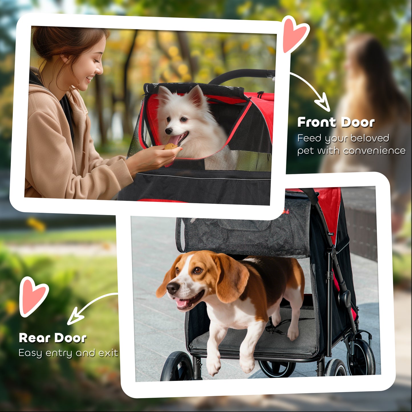 Large Dog Stroller Foldable Pet Carrier with Mesh Windows & Shock Absorption - Red