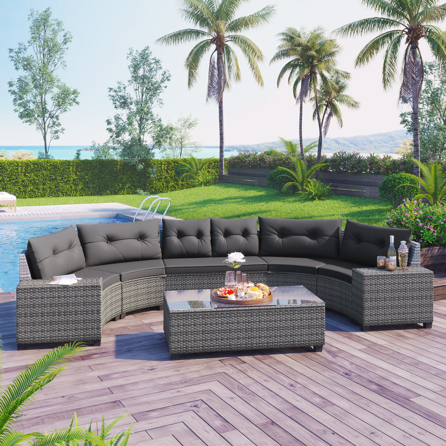 8-pieces Outdoor Wicker Round Sofa Set, Half-Moon Sectional Sets All