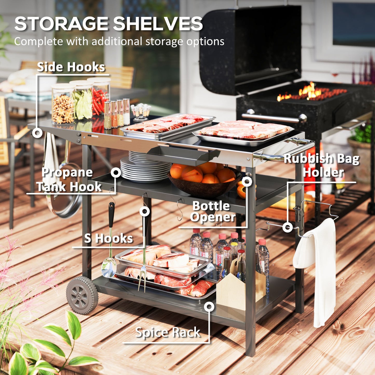Outdoor Bar Cart with Stainless Steel Top - Black
