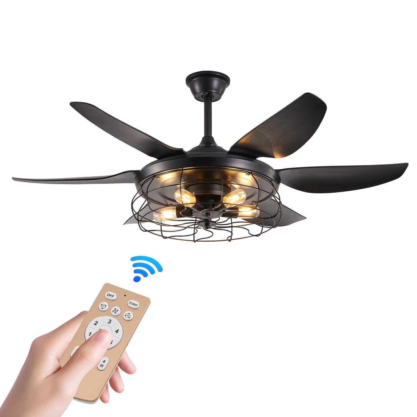 Modern Black Ceiling Fan with Light - 6 Blades, Industrial Design