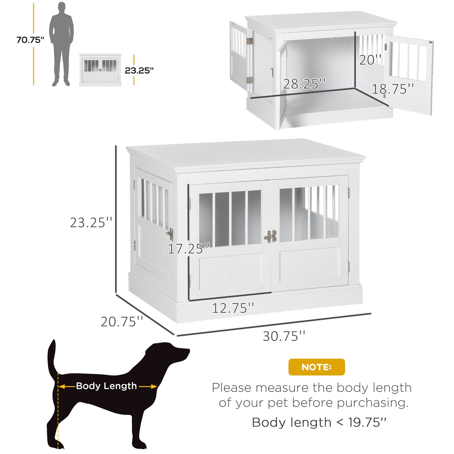 Wooden Dog Crate End Table with Triple Doors - Small Dog Furniture, White