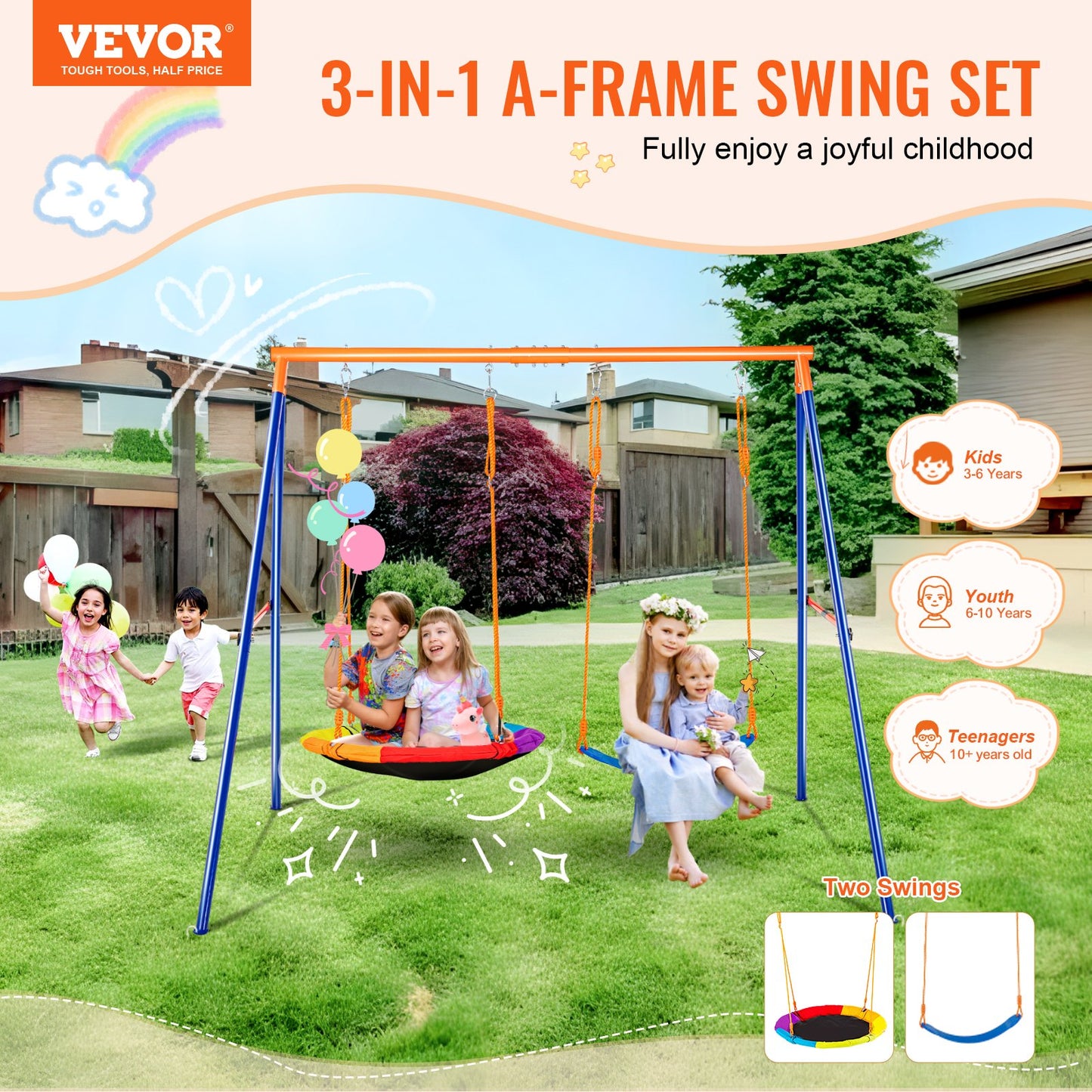 Orange Backyard Swing Set with A-Frame Metal Stand and High-Weight Seat