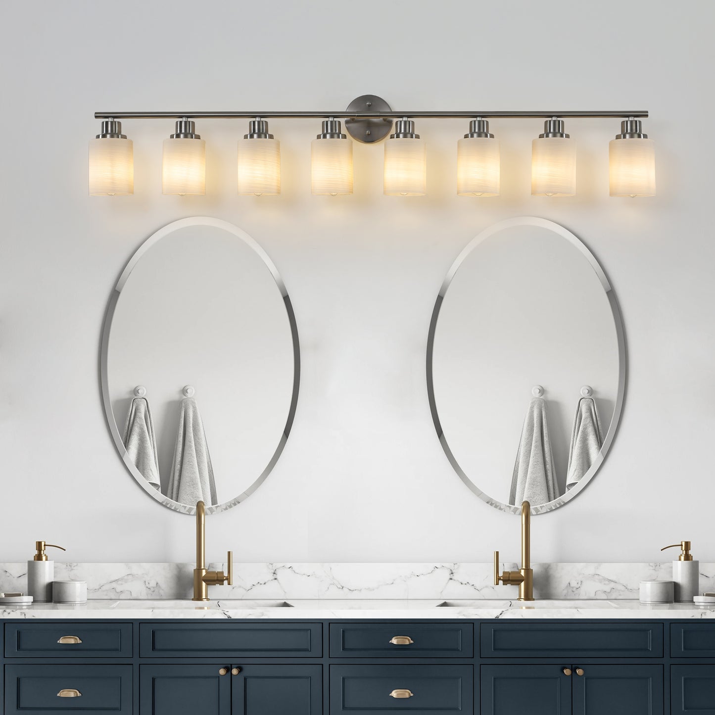Modern 8-Light Vanity Wall Sconce - Brushed Nickel with Frosted Glass