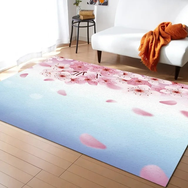 Pastel Cherry Blossom and Crescent Moon Non-Slip Flannel Floor Mat - Home Rug