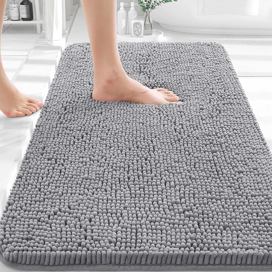 Extra Soft Chenille Bath Rug - Quick Dry, Machine Washable, Grey