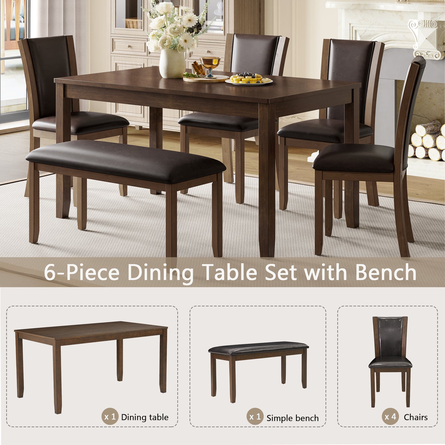 6-Piece Farmhouse Dining Table Set with Bench & Chairs - Dark Walnut