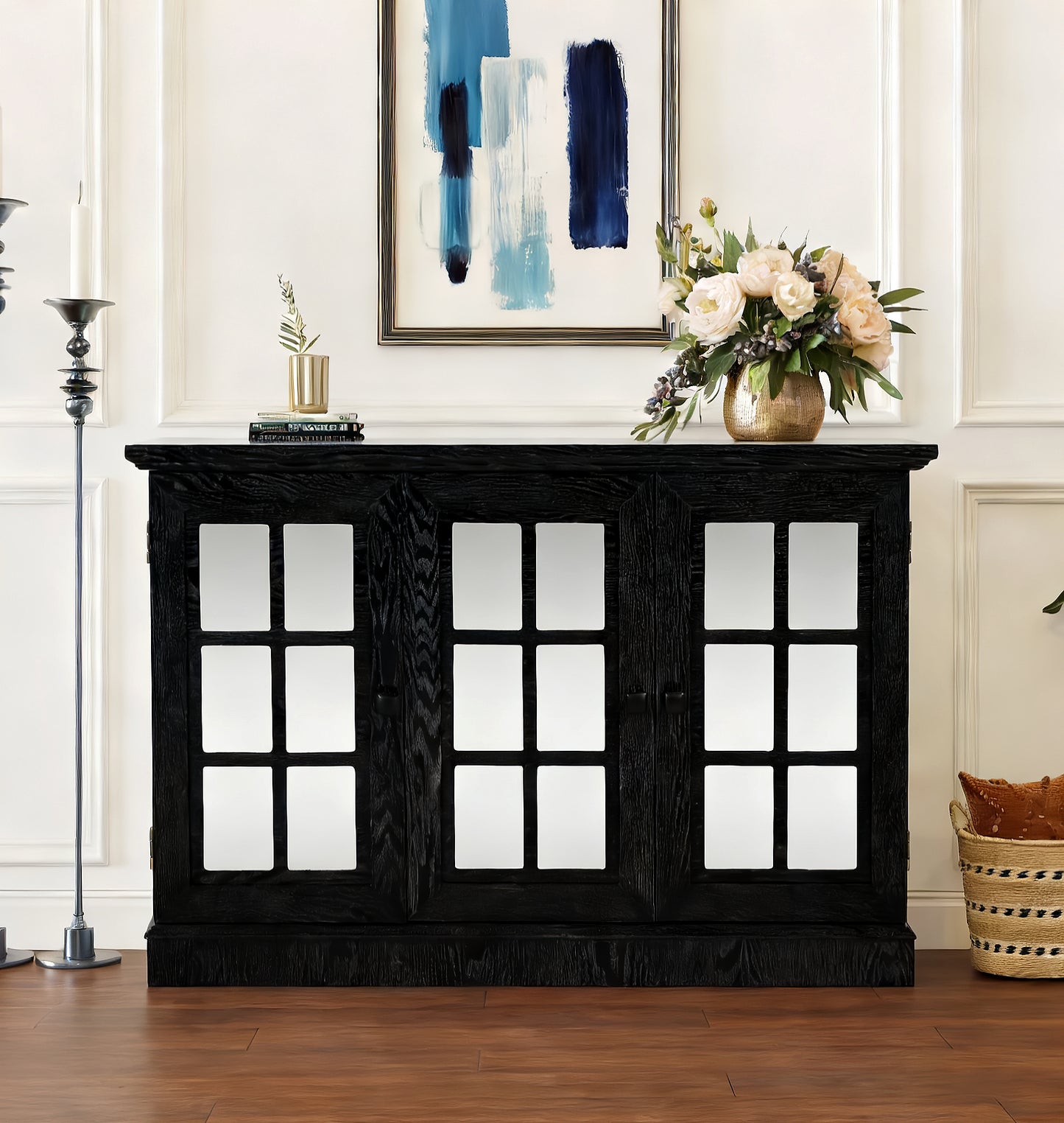45 W Storage Cabinet With 3 Mirrored Acrylic Doors, Sideboard