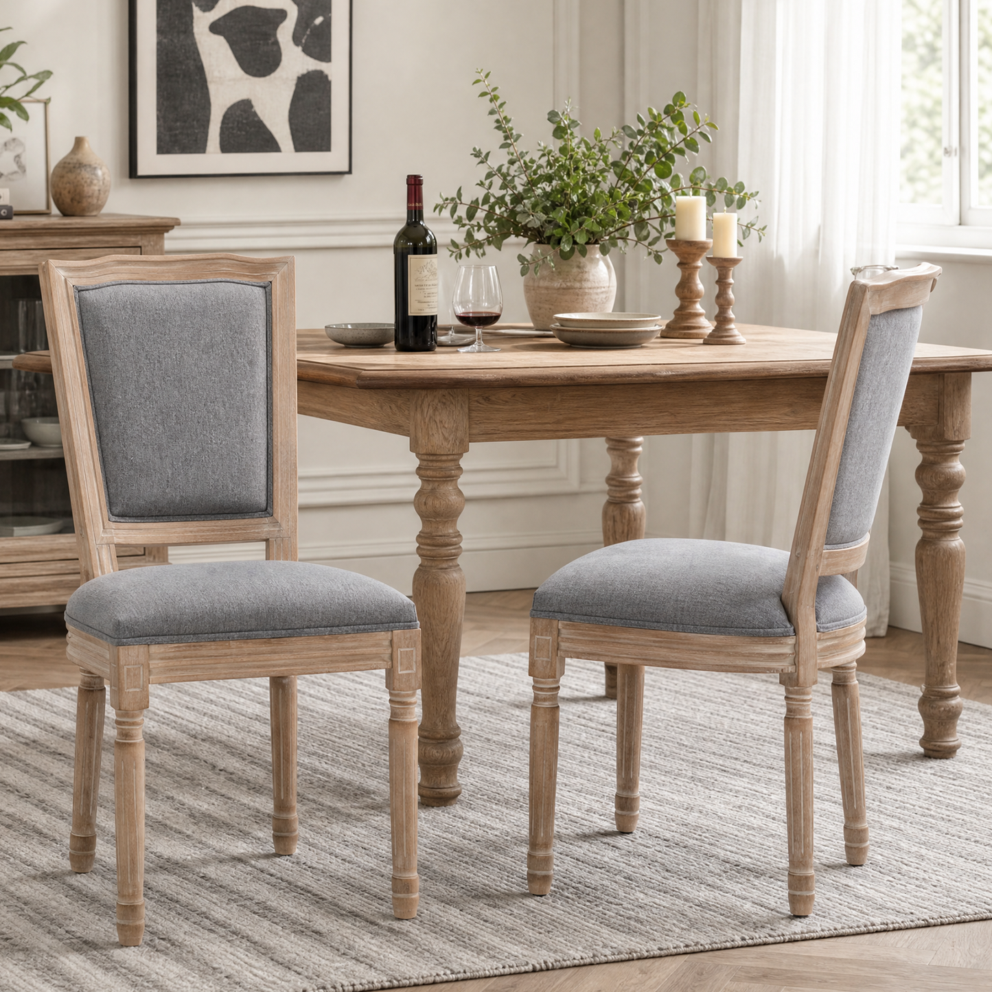 Farmhouse Dining Chairs Set of 2 - Grey Cushioned Linen Seat