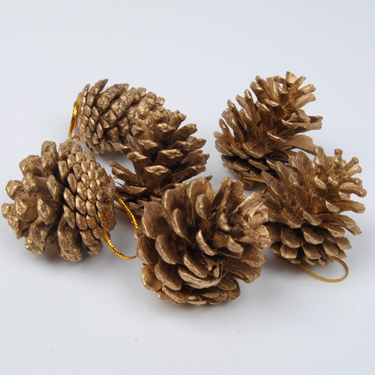 Christmas Pine Cone Decorations Set - Gold & Silver Pendant Ornaments, 6 Pack