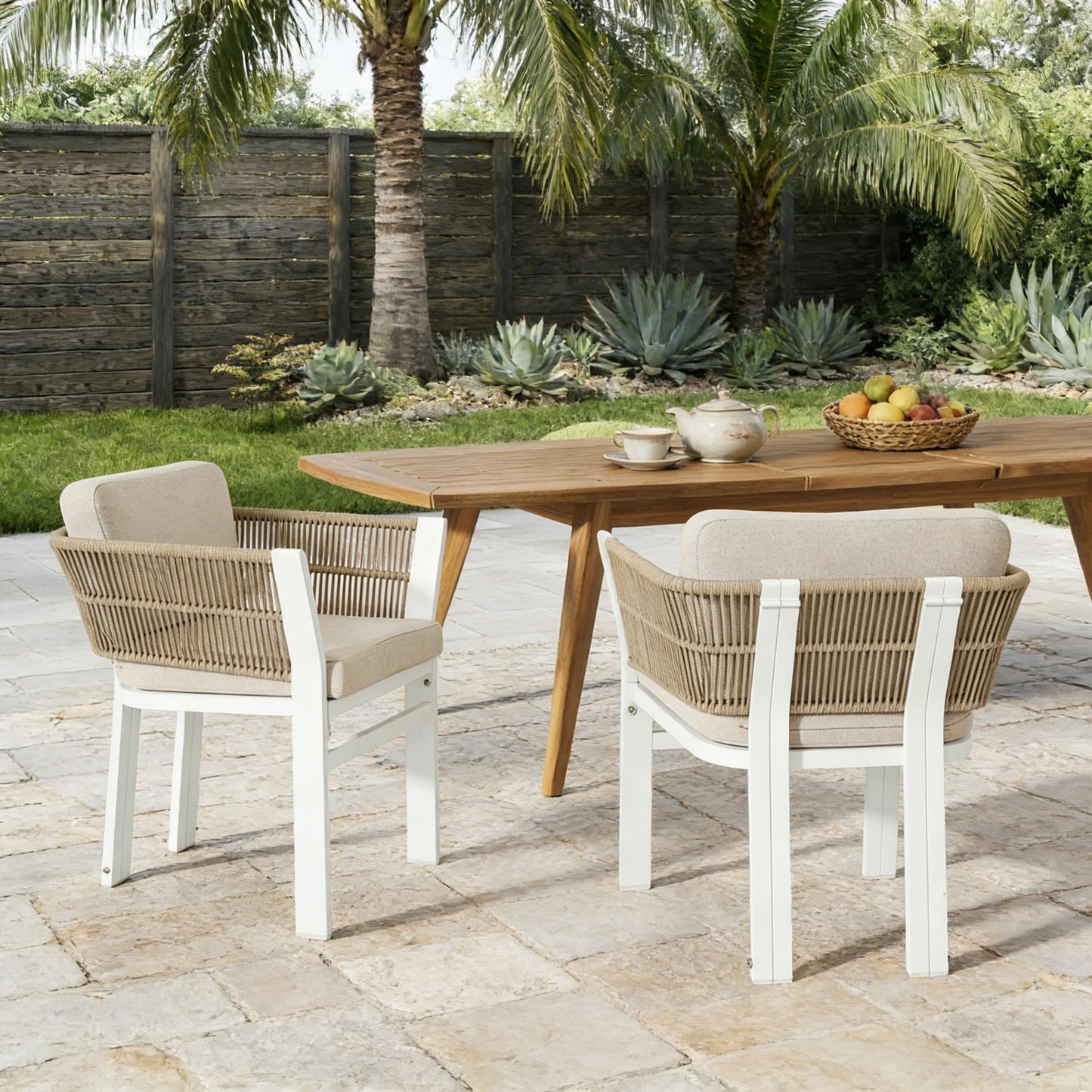Outdoor Dining Chair Set of 2 - White Frame with Beige Cushions