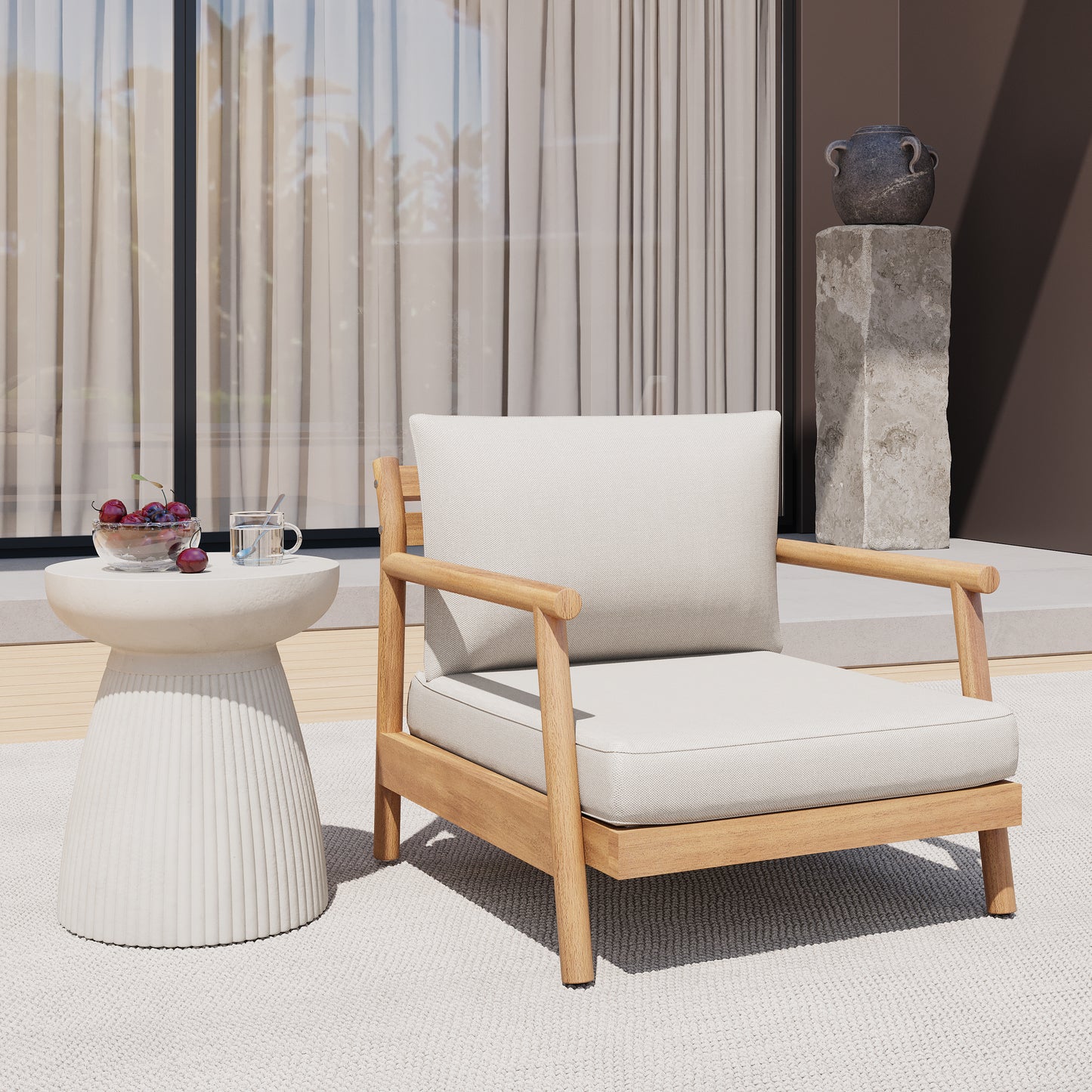 Patio Acacia Wood Club Chair With Water-resistant Cushion, Teak Beige