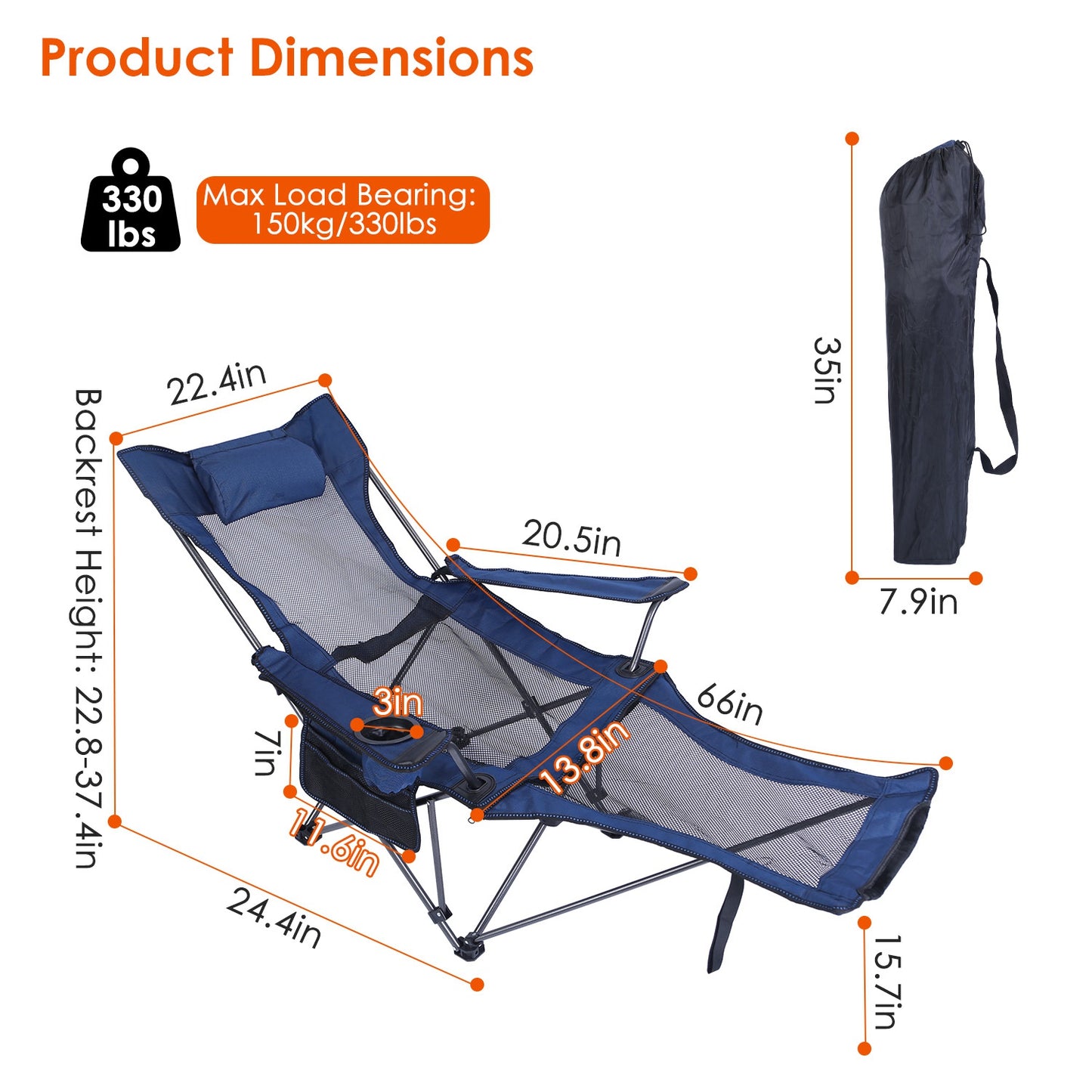 Foldable Heavy Duty Camping Chair with Reclining Backrest and Cup Holder