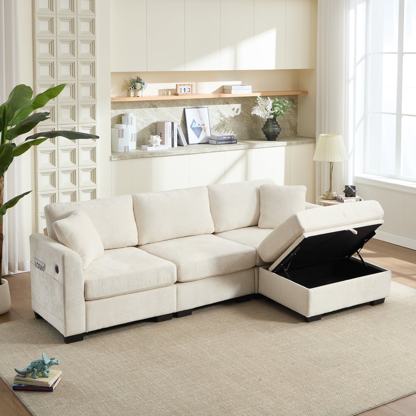 Oversized Modern Storage Sofa with USB Ports & Ottoman - Beige