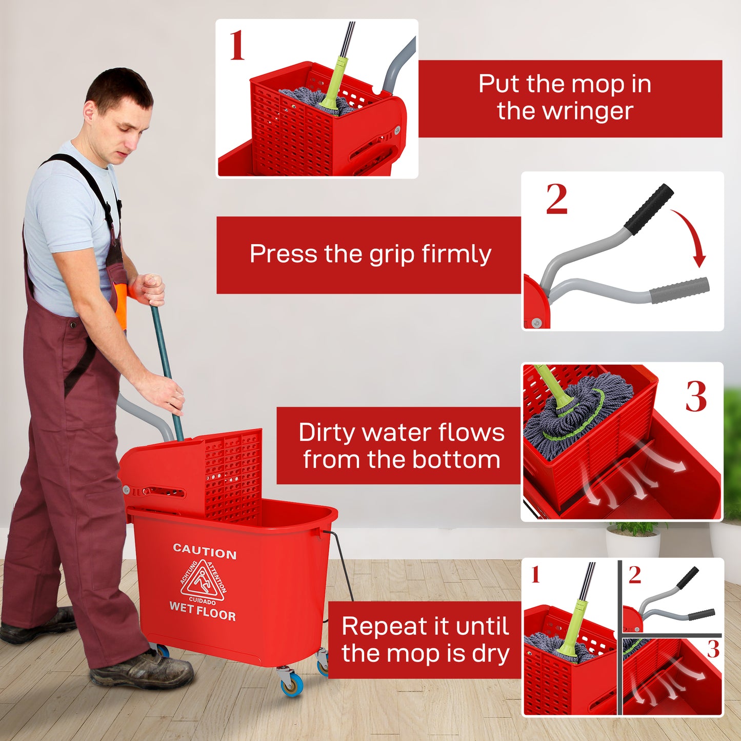 21 Quart Mop Bucket with Wringer on Wheels - Separate Clean & Dirty Water, Red