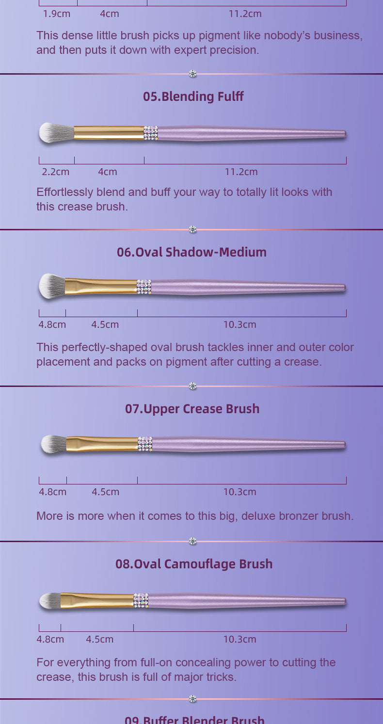 10-Piece Lilac Makeup Brush Set with Diamond Accents - Cosmetic Tools