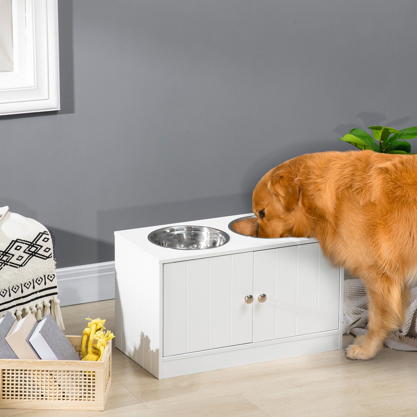 Large Elevated Dog Feeder with Storage Cabinet - White, 44L Capacity