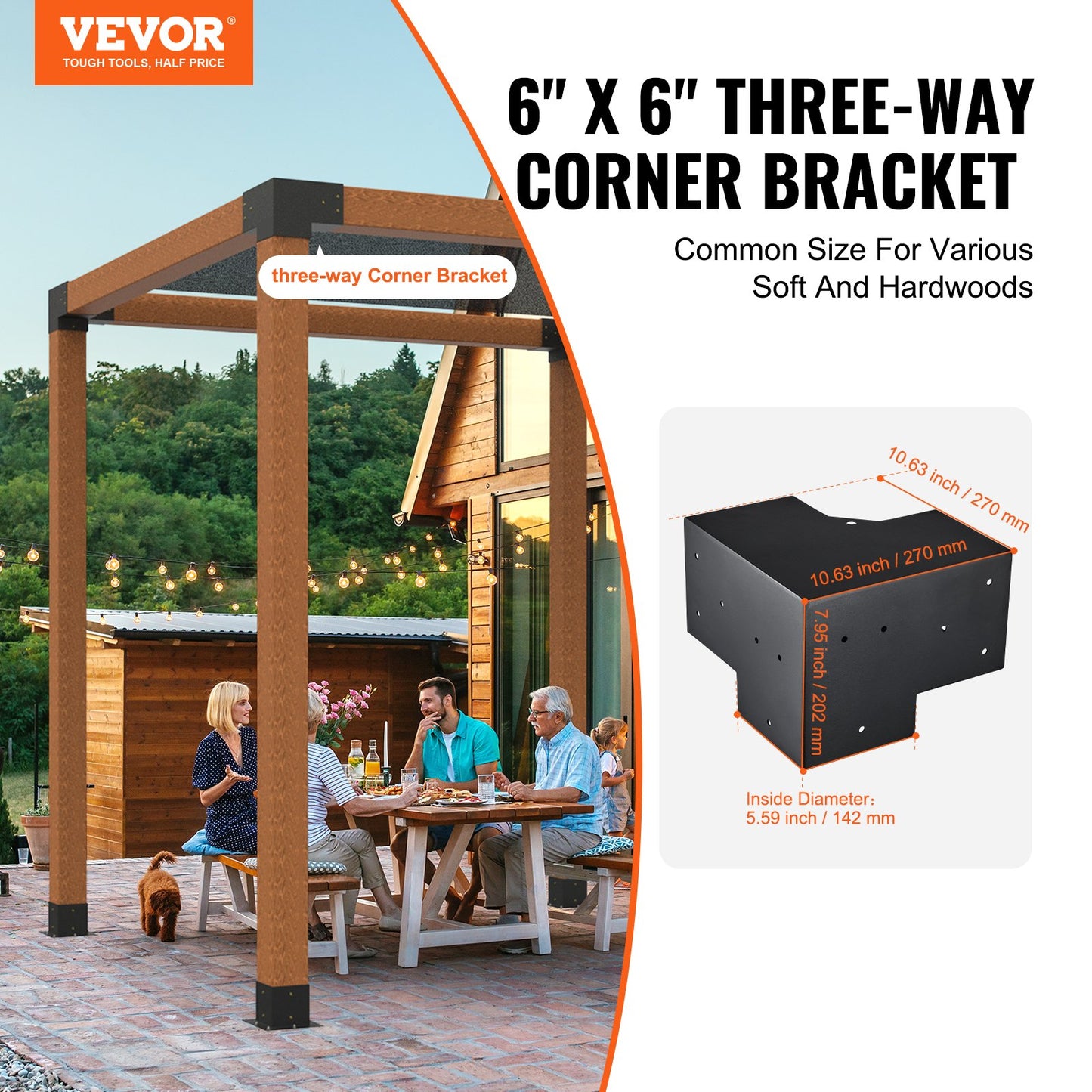 Heavy Duty Pergola Bracket Kit - 6"x6" 3-Way Corner Brackets