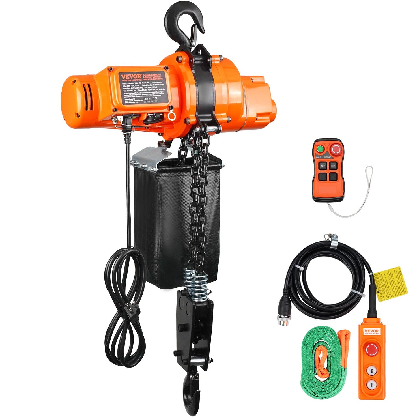 Electric Chain Hoist 2200 lbs Load Capacity, 20 ft Lifting, Single Phase, Orange