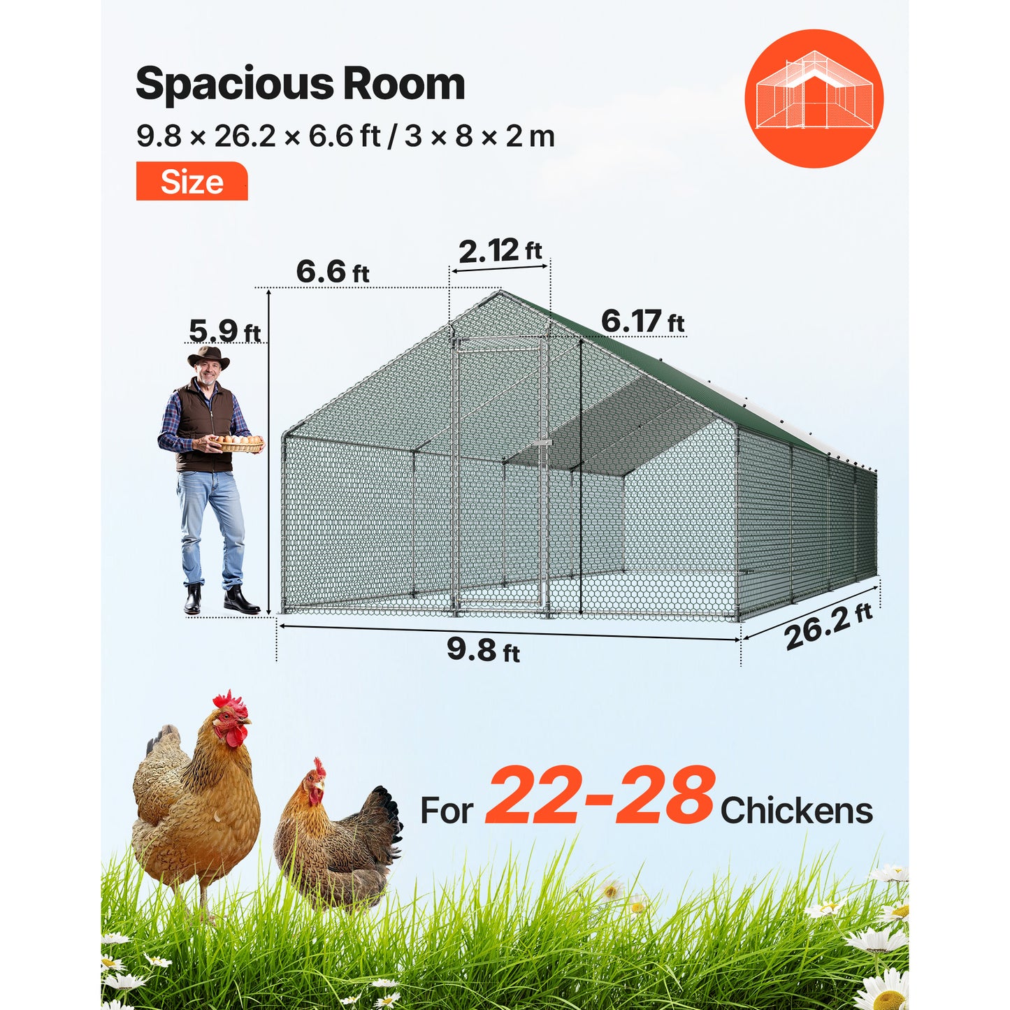 Large Metal Chicken Coop with Waterproof Cover & Lock - Walk-In Poultry Enclosure, 9.8x26.2x6.6 Ft