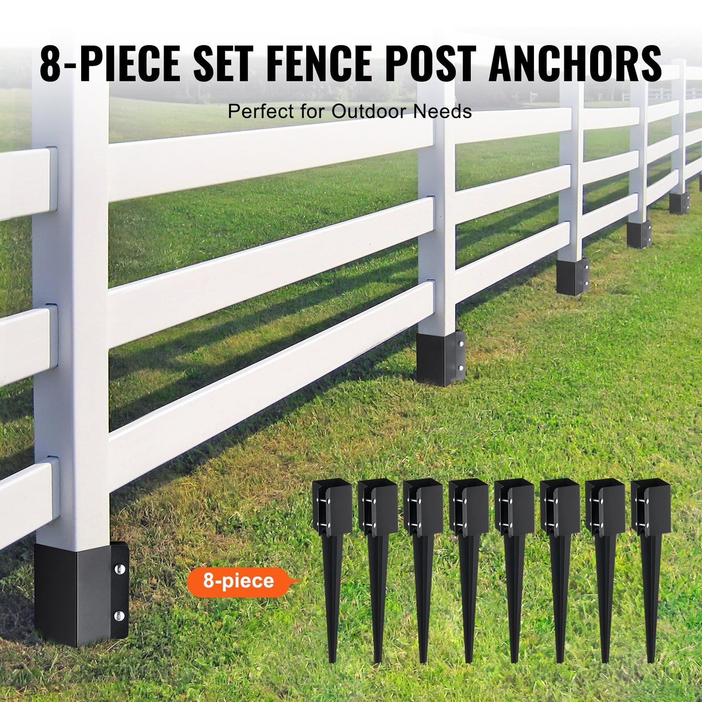 Ground Spike Fence Post Anchor for 3.5 Inch Square Posts - Black, 8 Pack