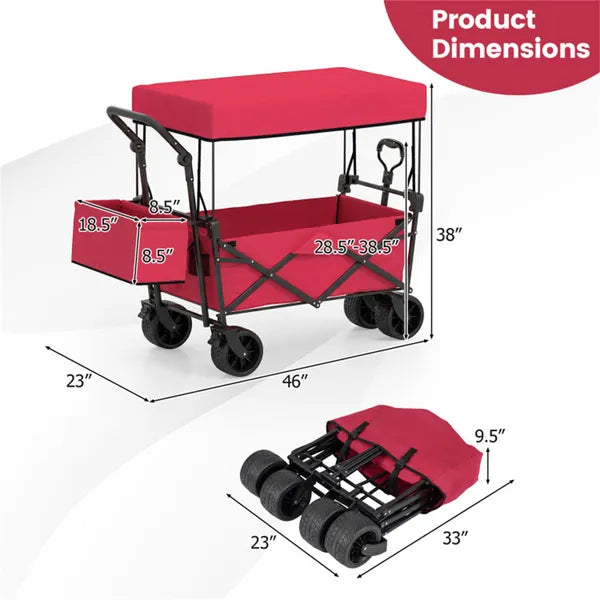 Foldable Utility Wagon with Adjustable Handle & Canopy - Red