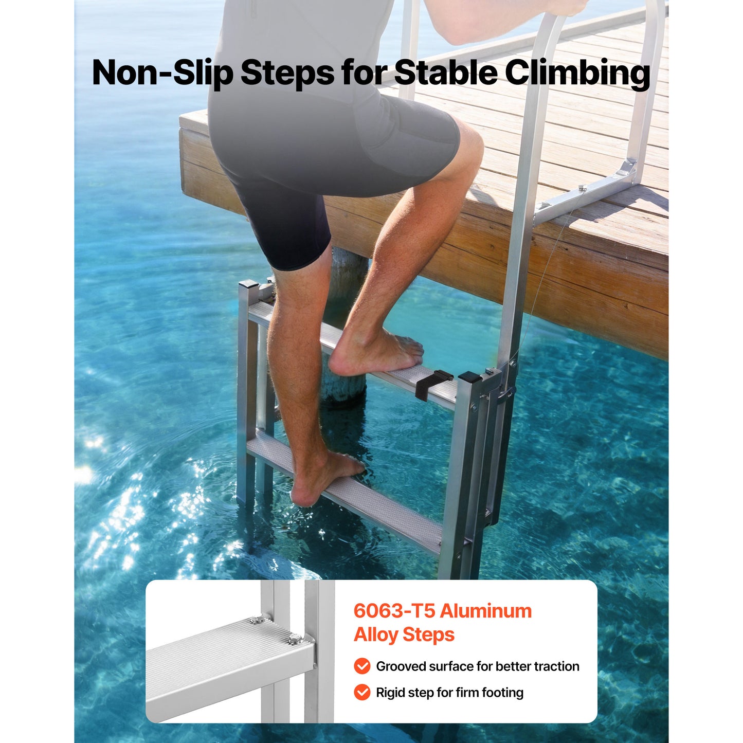 Retractable Aluminum Dock Ladder with Non-Slip Wide Steps - 5 Steps, Adjustable Height, 350 lbs Capacity for Marine, Pool, Lake, Boat Boarding