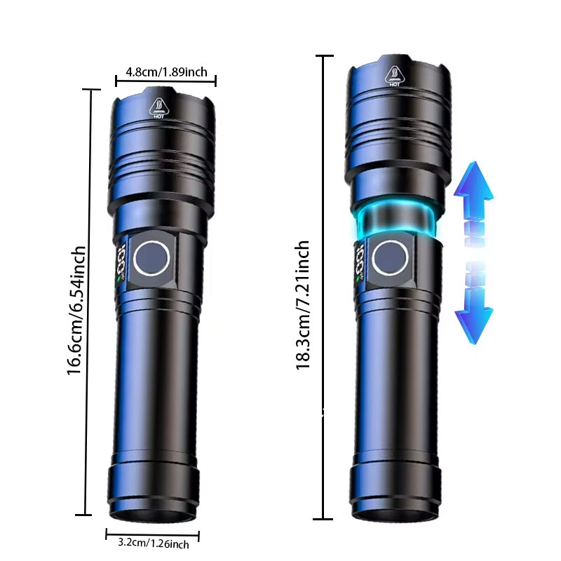 Rechargeable 50,000 Lumens LED Flashlight with Zoom, USB-C Charging & Emergency Power