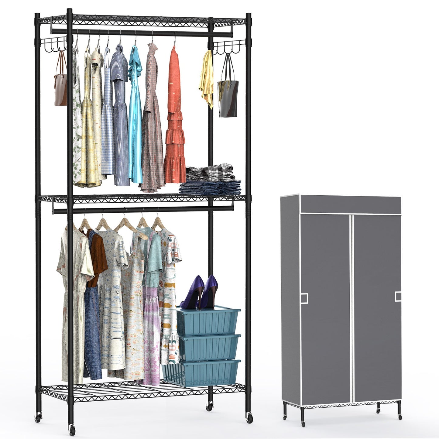 1Pc 2 Tier Foldable Clothing Rack With Cover Portable Wardrobe Closet