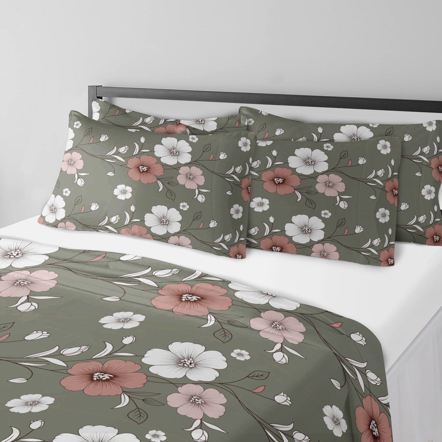 5-Piece Vintage Floral Duvet Cover Set - Sage Green
