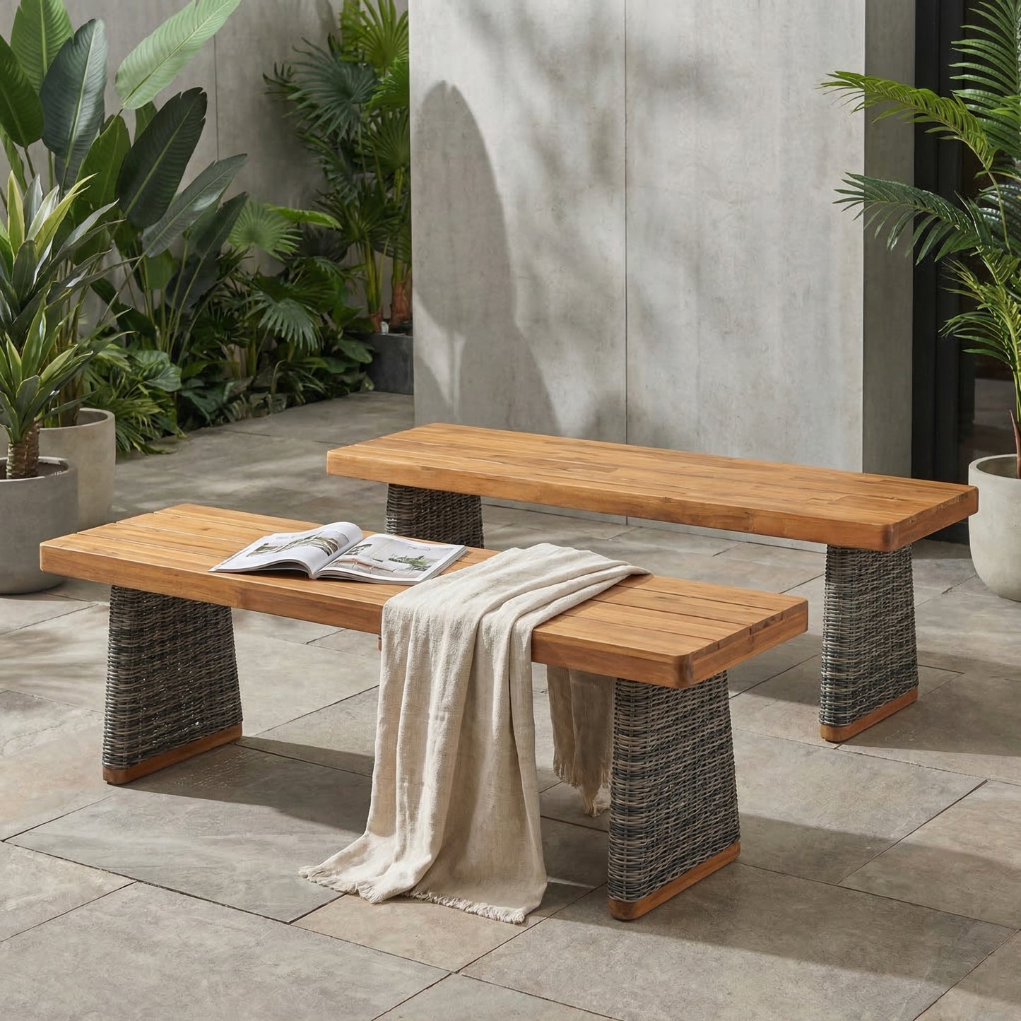 Acacia Wood Outdoor Bench Set of 2 - Grey Teak Finish