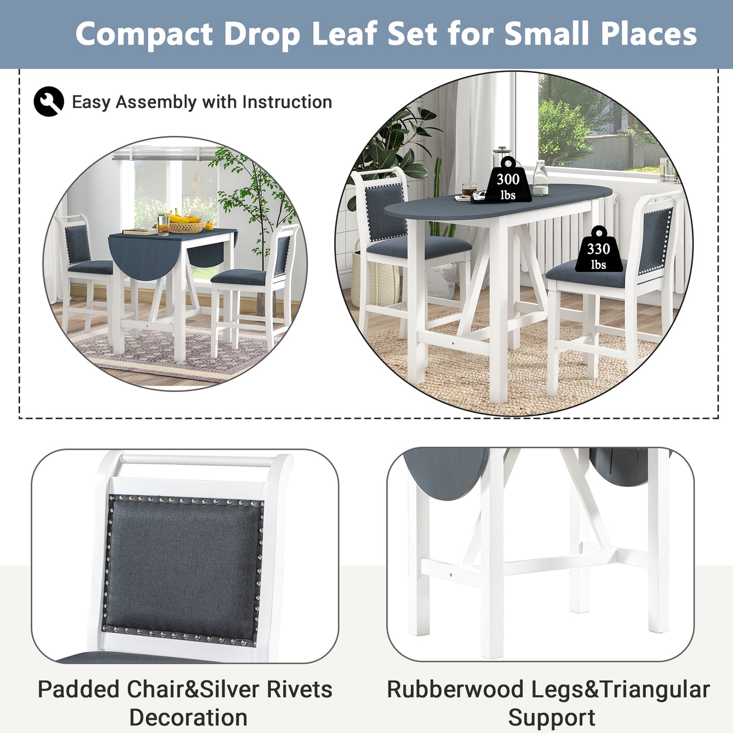 3-Piece Wood Counter Height Dining Table Set with Chairs - White