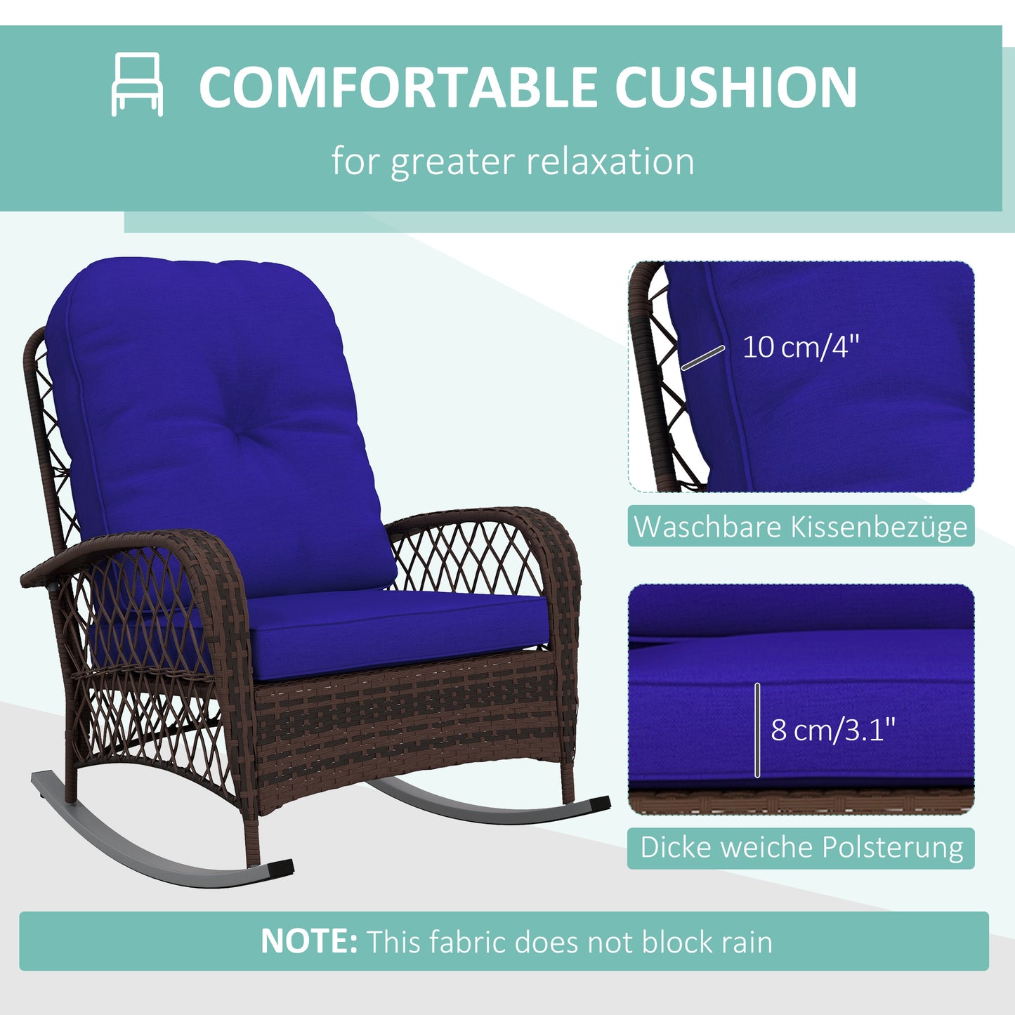Rattan Porch Rocker with Plush Cushion - Dark Blue