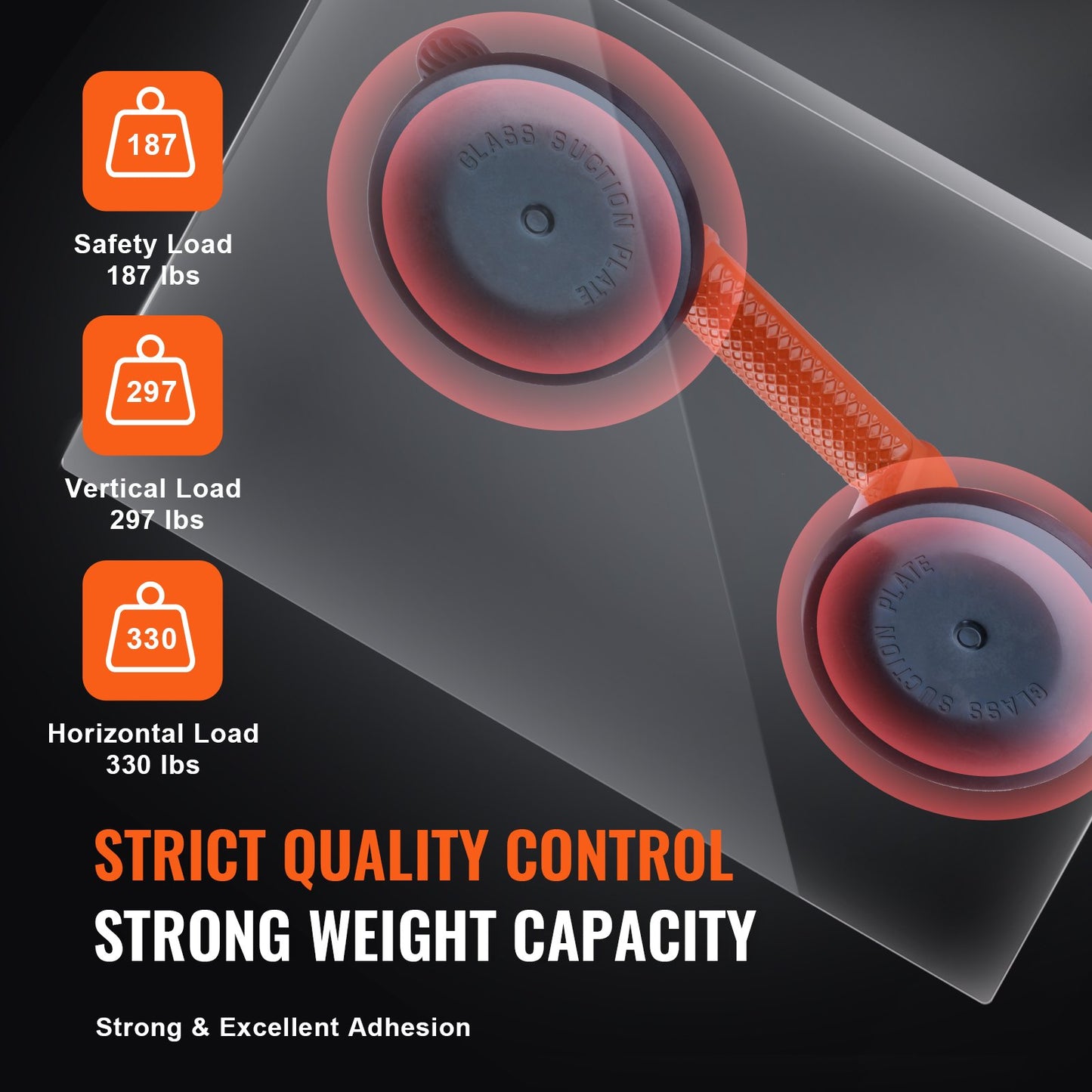 Heavy Duty Glass Suction Cup 2 Pack - 330 Lbs Load Capacity with Aluminum Handle
