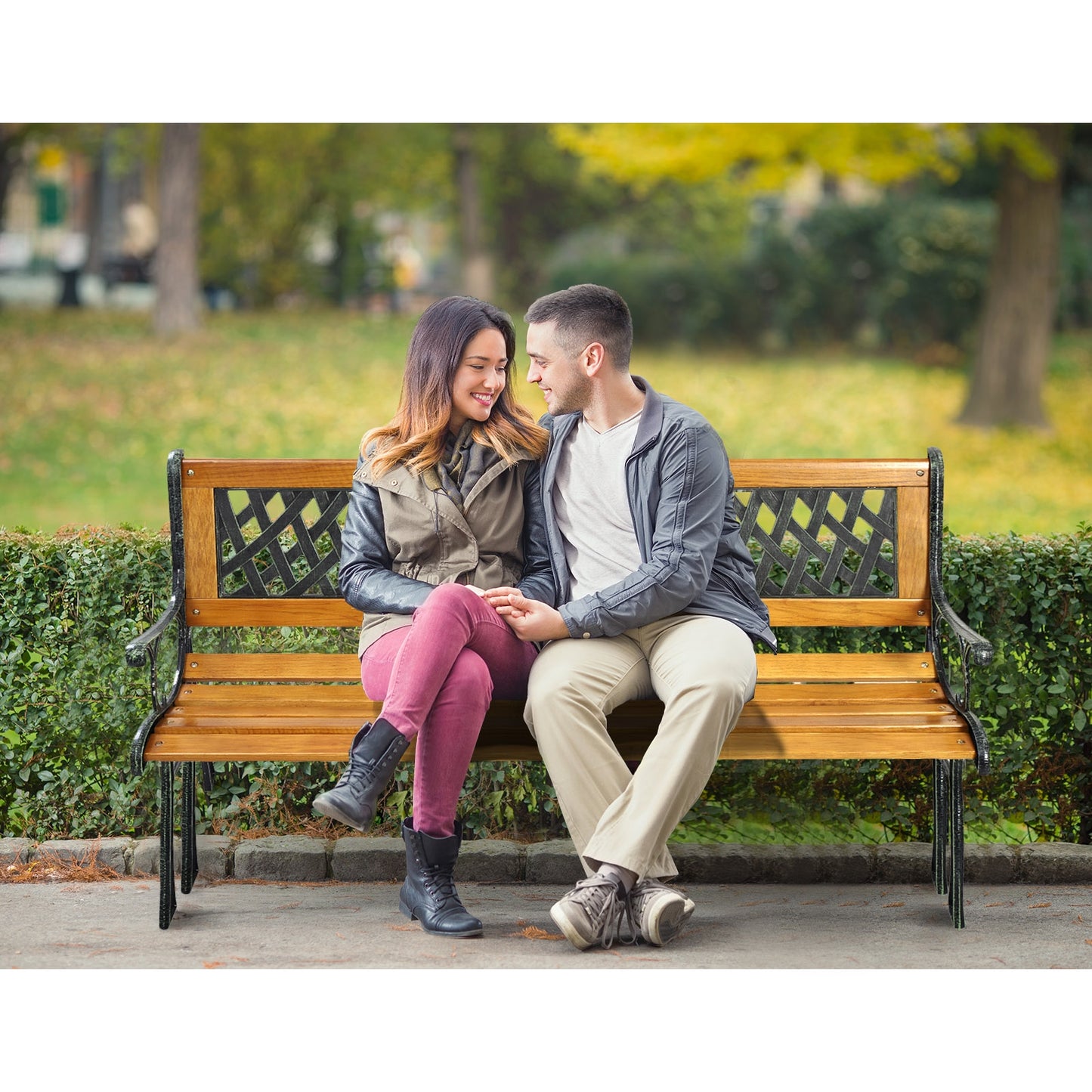 Cast Iron Outdoor Patio Bench - Solid Wood Seat, 463 lbs Capacity