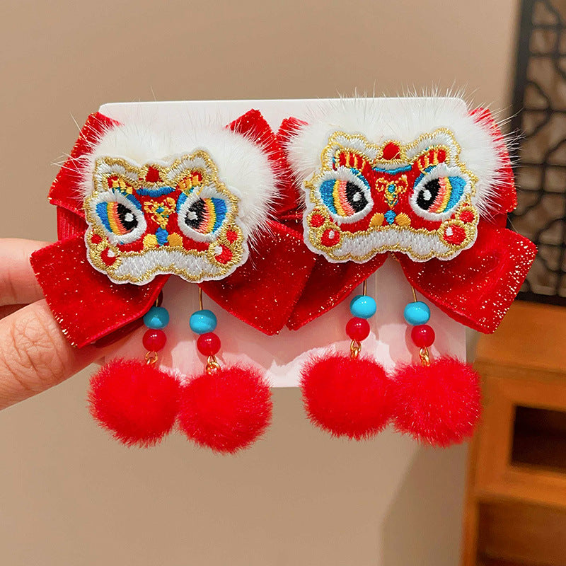 Chinese-Style Lion Dance Hair Clips for Kids - Handmade Pair